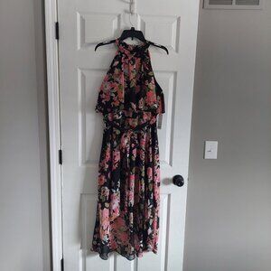 Midi high low Elle Dress Black with large floral longer in back Size L NWT